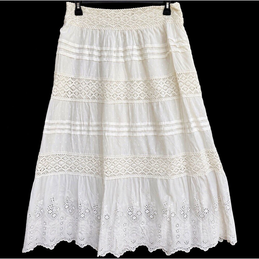 Jennifer & Grace White L Cotton Eyelet Lace Tiered Maxi Skirt Boho Cottage NWT